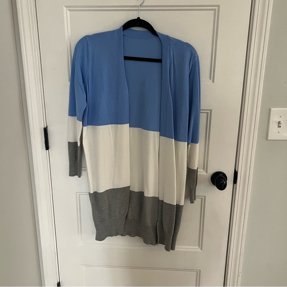 Colorblock Open Front Cardigan - Blue, White, and Gray